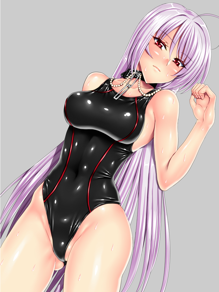 1girl akashiya_moka anzu_(onelelee) blush breasts chains clothed_navel collar competition_swimsuit female grey_background impossible_clothes impossible_swimsuit inner_moka latex long_hair moka_akashiya one-piece_swimsuit pearl_necklace pearls purple_hair red_eyes rosario_+_vampire rosario_to_vampire sen_(sansui) shiny shiny_clothes silver_hair skindentation sweat swimsuit thigh_gap vampire wet