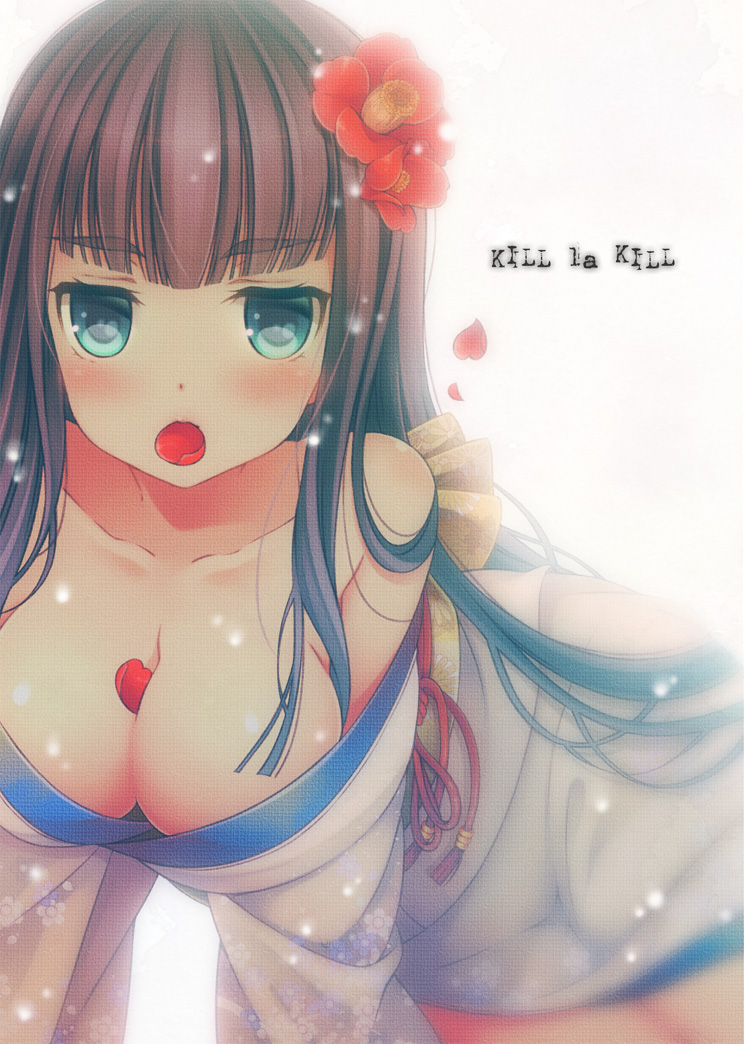 1girl bare_shoulders between_breasts black_hair blue_eyes blush breasts cleavage copyright_name female flower hair_flower hair_ornament japanese_clothes kill_la_kill kimono large_breasts long_hair march-bunny mouth_hold new_year off_shoulder petals