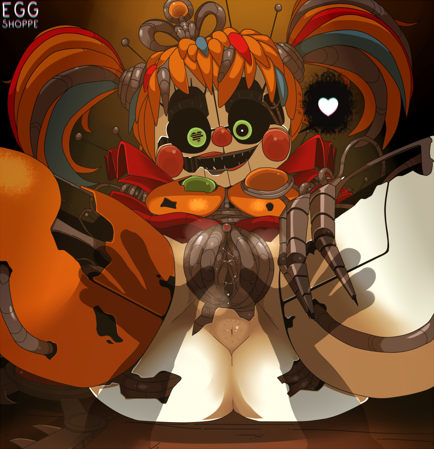 anus circus_baby clitoris eggshoppe five_nights_at_freddy's freddy_fazbear's_pizzeria_simulator green_eyes heart heart-shaped_pupils looking_at_viewer presenting_pussy pussy_juice scrap_baby scrap_baby_(fnaf) spread_pussy spreading