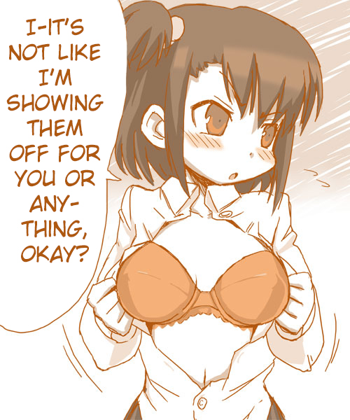 blush bra breasts brown_eyes brown_hair hard_translated large_breasts lingerie monochrome open_clothes open_shirt original original_character ponytail shirt short_hair tai_(pixiv6134) translated tsundere underwear