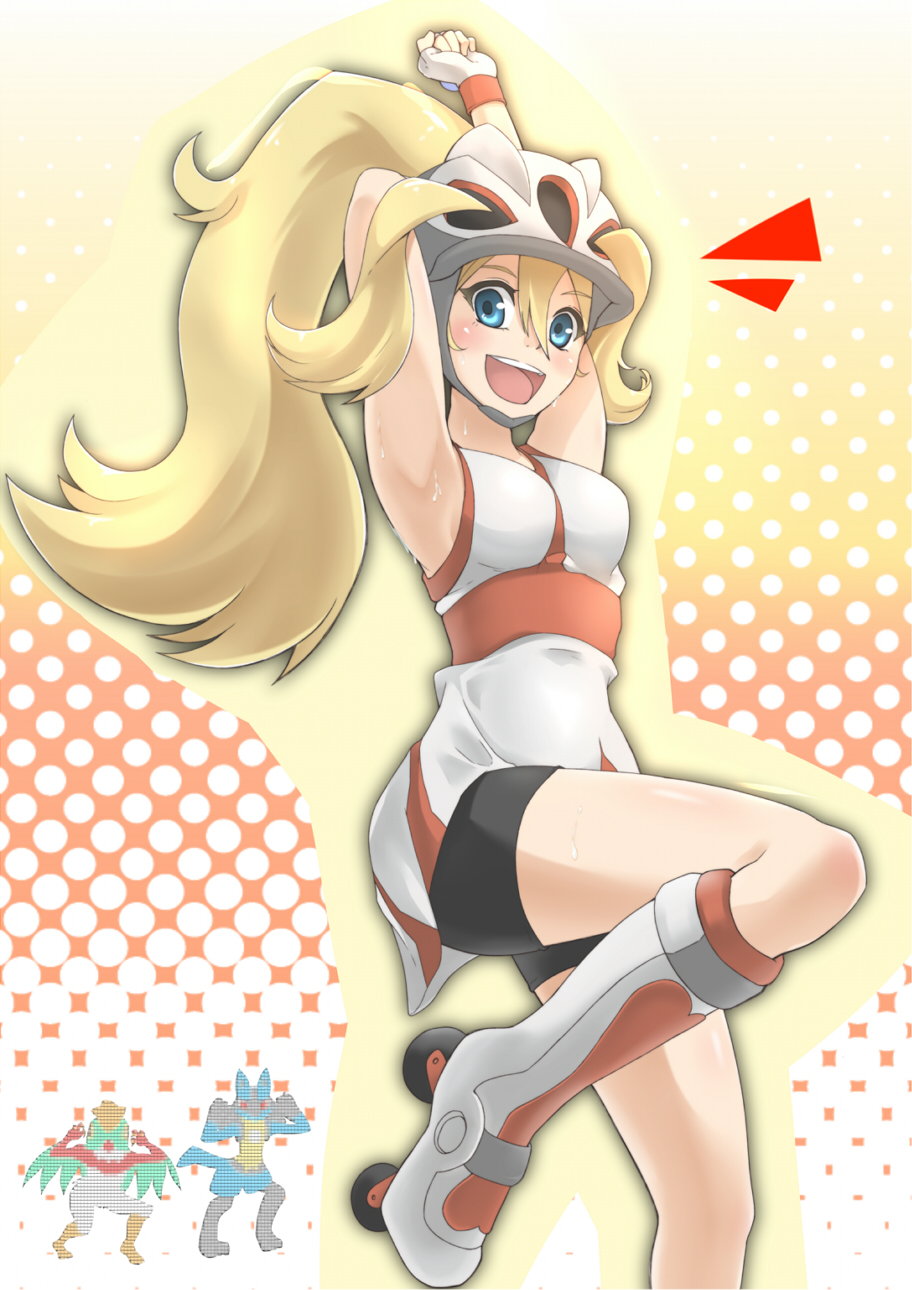 1girl :d arm_behind_head arm_up armpits bare_shoulders bicycle_helmet bike_shorts blonde_hair blue_eyes blush boots breasts fingerless_gloves gloves gym_leader hakutakuanta hawlucha helmet highres korrina koruni_(pokemon) leg_up long_hair looking_at_viewer looking_down lucario open_mouth pokemon pokemon_(game) pokemon_xy polka_dot polka_dot_background ponytail roller_skates skates smile solo sweat two_side_up