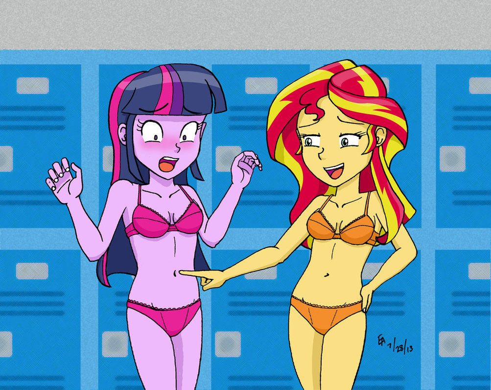 2girls bra_and_panties equestria_girls friendship_is_magic multiple_girls my_little_pony navel open_mouth sunset_shimmer twilight_sparkle_(mlp)