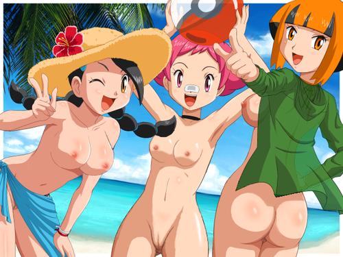 3girls :d ;d arm arms arms_up art ass babe ball bare_arms bare_shoulders beach beach_ball big_breasts black_choker black_hair blue_sarong breasts candice candice_(pokemon) choker cleavage cloud collarbone gardenia gym_leader happy hat leaning leaning_forward long_hair looking_at_viewer looking_back low_twintails maylene medium_breasts multiple_girls natane_(pokemon) neck nintendo nipples nude one_eye_closed open_mouth orange_eyes orange_hair outside palm_tree pink_eyes pink_hair pointing pokemoa pokemon pokemon_(anime) pokemon_(game) pokemon_dppt pussy sarong short_hair sky small_breasts smile soara standing straw_hat sumomo_(pokemon) suzuna_(pokemon) tree uncensored wink yellow_eyes