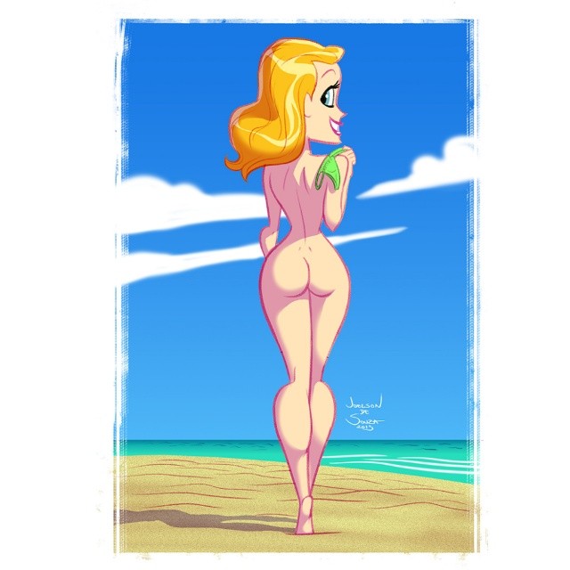2013 ass beach bikini bikini_bottom blonde_hair blue_eyes lipstick long_hair looking_back nude ocean smile solo