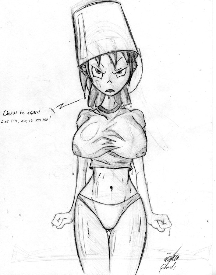angry bikini bikini_bottom breasts bucket cartoon_network colonel-gabbo foster's_home_for_imaginary_friends frankie_foster long_hair nipples see_through solo wet