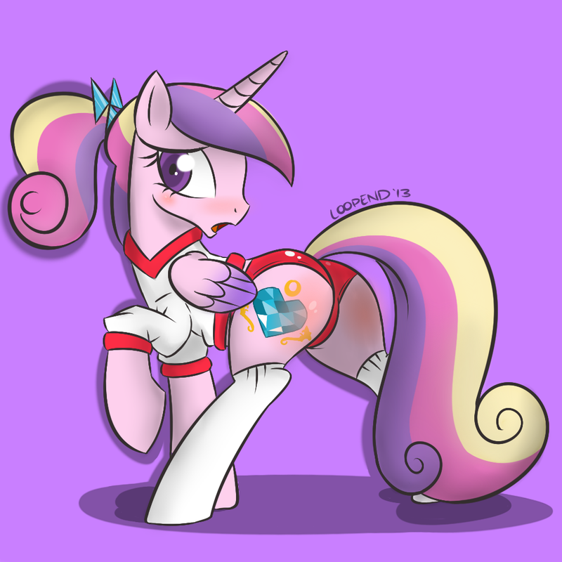 1girl 2013 alicorn ass blush clothed cutie_mark female female_only friendship_is_magic gym_uniform horn loopend my_little_pony panties pony princess_cadance red_panties solo standing tail wings