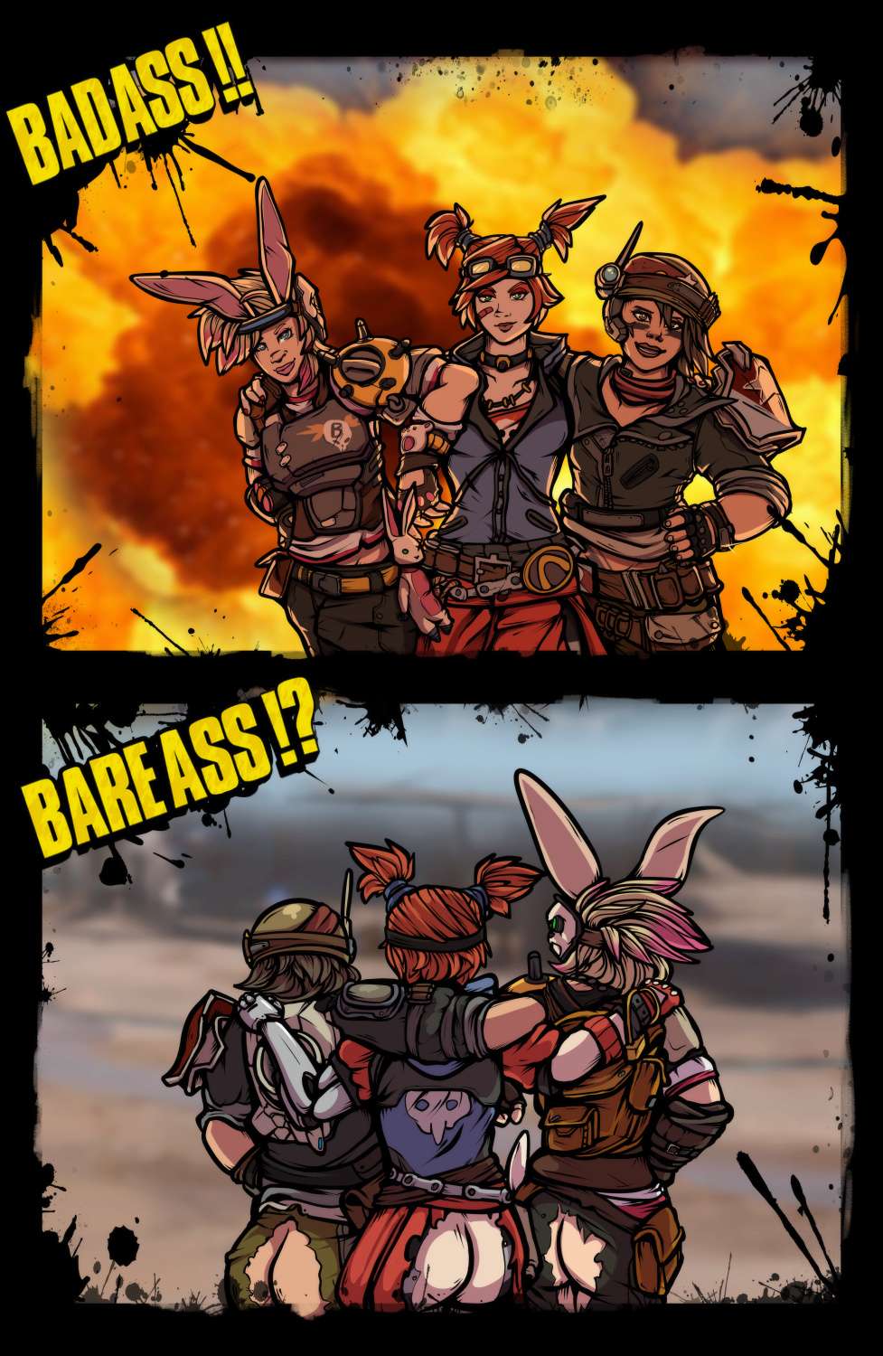 3_girls 3_girls ass blonde_hair borderlands borderlands_3 butt_expansion embarrassed embarrassing exposed exposed_ass goggles goggles_on_head helmet red_hair ripped_clothes ripped_clothing tiny_tina wardrobe_malfunction