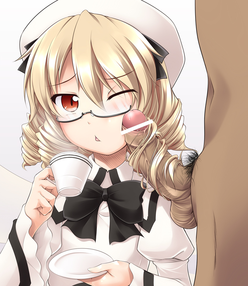 1girl :&lt; bespectacled blonde_hair blush bow cheek_poke cheek_poking cup drill_hair foreskin gisyo glasses hairjob hat luna_child male_pubic_hair multitasking penis penis_on_face plate poking pubic_hair red_eyes saucer semi-rimless_glasses short_hair solo solo_focus teacup touhou white_background wince wings