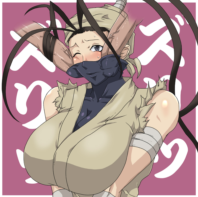1girl antenna_hair bandanna black_eyes black_hair blue_eyes blush breast_squeeze breasts capcom cleavage disembodied_penis face_mask facejob fellatio forced gureko_rouman hairjob huge_breasts ibuki ibuki_(street_fighter) large_breasts long_hair mask multiple_penises ninja one_eye_closed oral penis penis_on_face penis_under_clothes ponytail solo spiral_brain street_fighter street_fighter_iii sweat uncensored v_arms wince wink