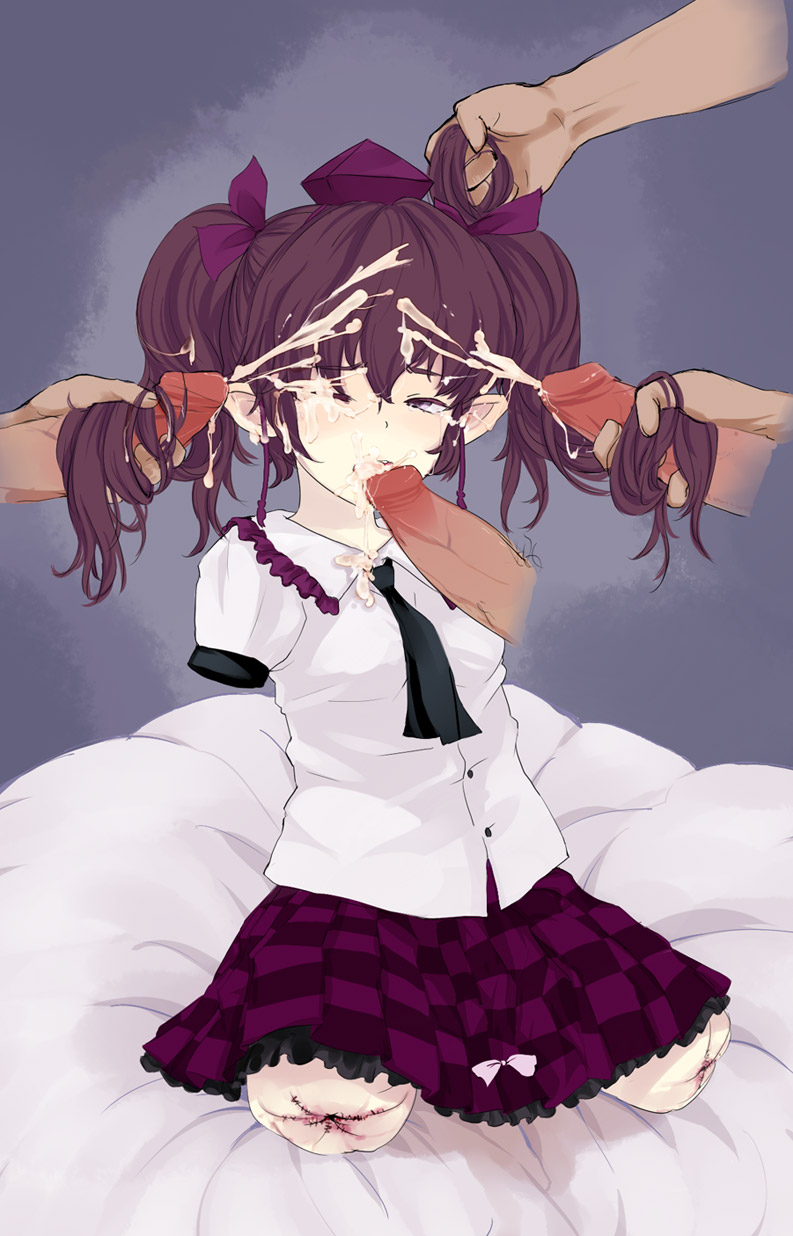 1girl brown_eyes brown_hair checkered checkered_skirt cum cum_in_mouth facial fellatio forced hairjob hat highres himekaidou_hatate multiple_penises necktie noconol oral penis pointy_ears short_hair skirt solo solo_focus tokin_hat touhou twintails wince