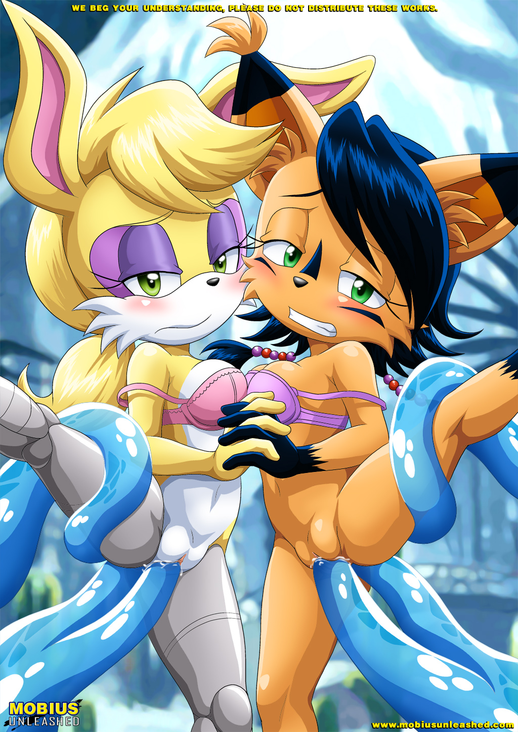archie_comics bbmbbf black_hair blonde_hair blush breasts bunnie_rabbot chaos double_penetration furry green_eyes long_hair looking_at_viewer mobius_unleashed nicole_the_lynx palcomix pussy sega short_hair sonic_(series) sonic_the_hedgehog_(series) tentacle