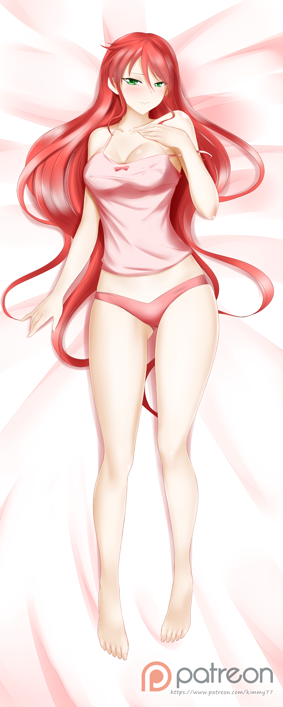 1girl alluring barefoot bed_sheet big_breasts blush breasts cleavage covered_erect_nipples dakimakura_(medium) gluteal_fold green_eyes hand_on_own_chest high_res kimmy77 long_hair looking_at_viewer lying midriff on_back panties patreon_logo pyrrha_nikos red_hair rwby smile strap_slip tank_top thighs underwear watermark web_address