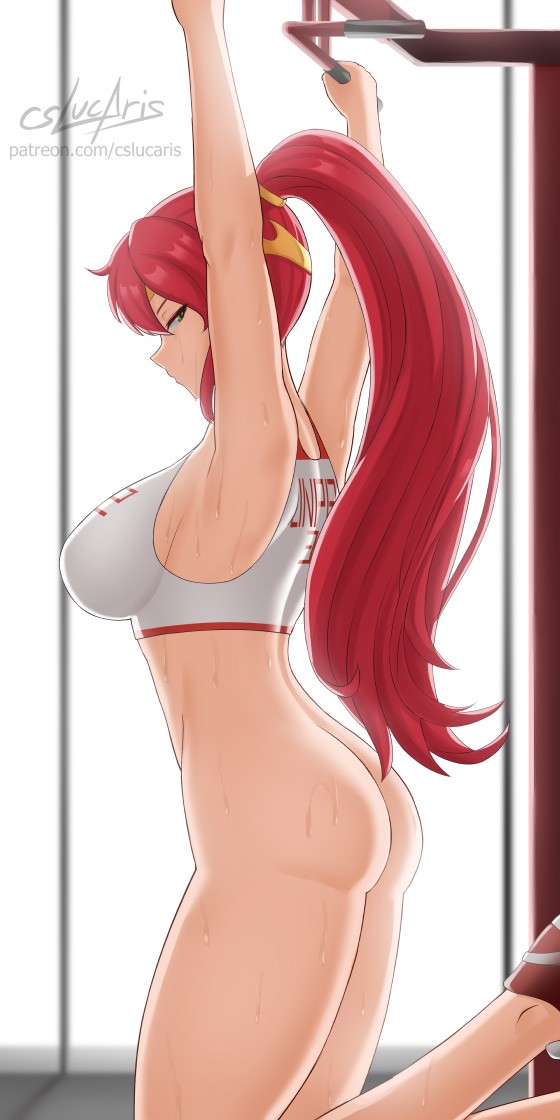 1girl alluring ass athletic_female big_breasts bubble_butt circlet cslucaris exercise fit_female green_eyes gym long_hair looking_at_viewer naked_from_the_waist_down ponytail pull_ups pyrrha_nikos red_hair rwby shoes sports_bra sweat sweaty voluptuous workout