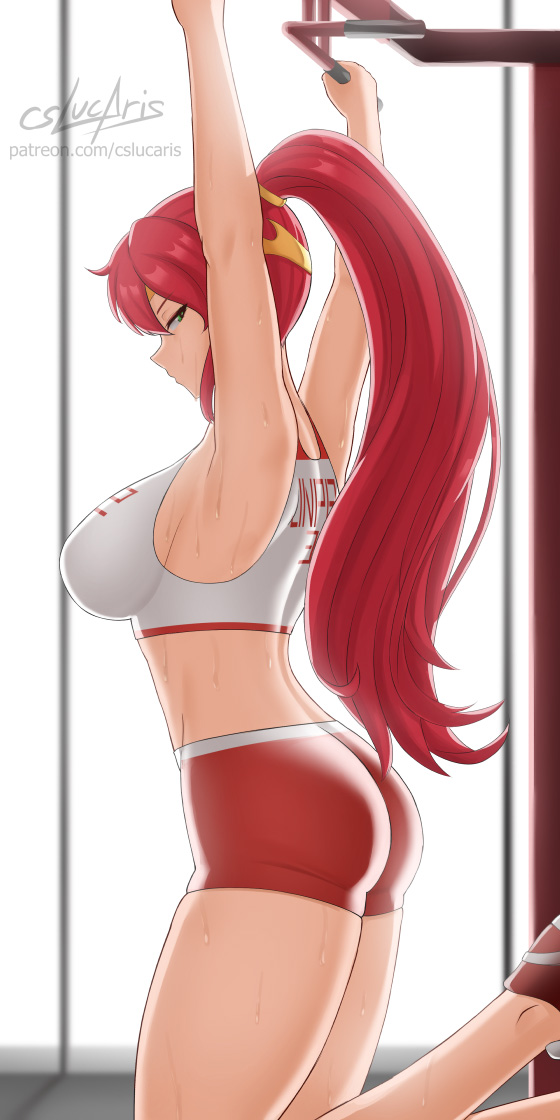 1girl alluring ass athletic_female big_breasts bubble_butt circlet cslucaris exercise fit_female green_eyes gym gym_shorts long_hair looking_at_viewer ponytail pull_ups pyrrha_nikos red_hair rwby shoes sports_bra sweat sweaty voluptuous workout workout_clothes