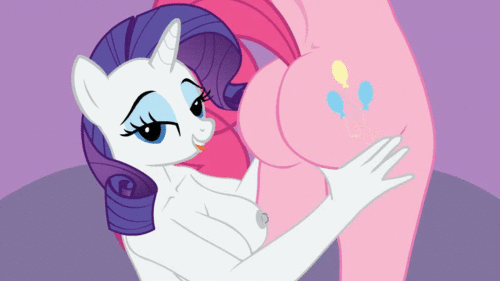 2girls anthro ass blue_eyes bouncing_ass breasts cutie_mark female female_only friendship_is_magic funny gif horse long_hair my_little_pony nipples nude pinkie_pie pony purple_hair rarity smile unicorn yuri
