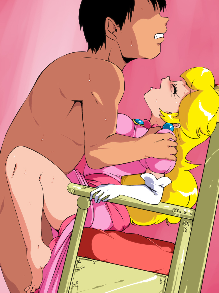 1girl barefoot blonde_hair bottomless closed_eyes clothed_female_nude_male clothed_sex elbow_gloves female gloves hair happy_sex mario_(series) nude old_school_academy princess_peach sex super_mario_bros. sweat