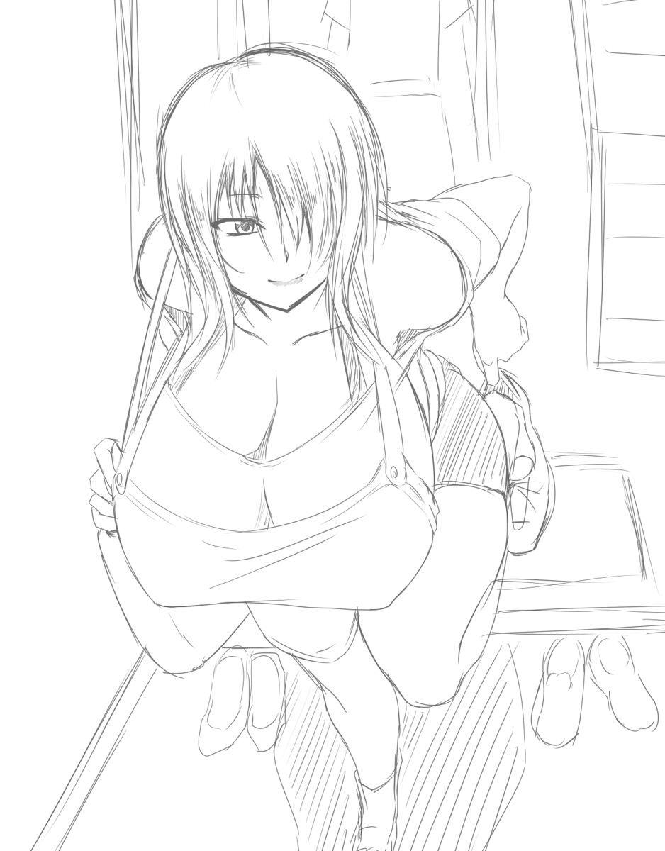 1girl bag bent_over breasts cleavage female gigantic_breasts highres huge_breasts long_hair milf monochrome original pepo_(absolute1123) shoes shorts sketch solo standing