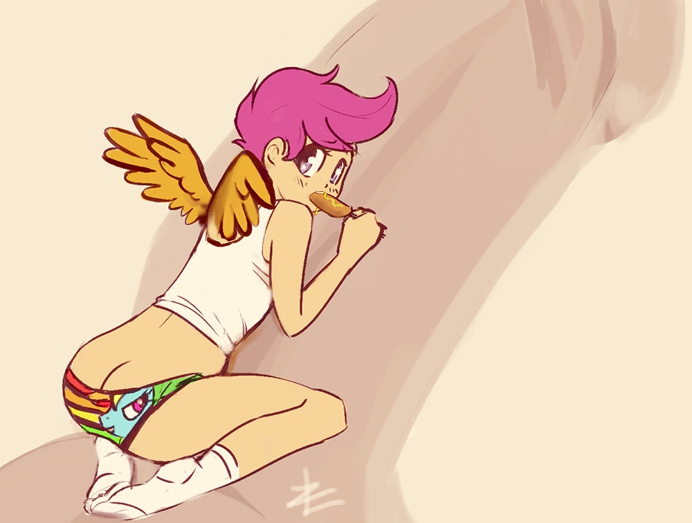 butt_crack clothing eating equine food friendship_is_magic horse human humanized lizombie looking_at_viewer my_little_pony not_furry penis pony rainbow_dash scootaloo shirt socks sucking underwear wings young
