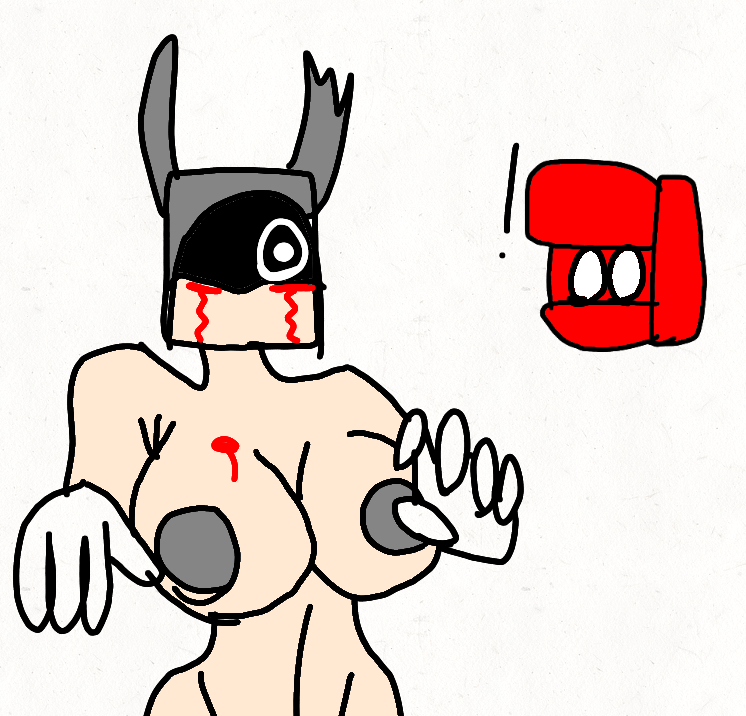 big_breasts big_nipples blood_on_face bloody_tears creepy_face five_nights_at_hiper's fox_ears grey_hat grey_nipples maximiliano_(oc) scared scared_expression shocked shocked_expression the_broken_one_(fnah) white_background