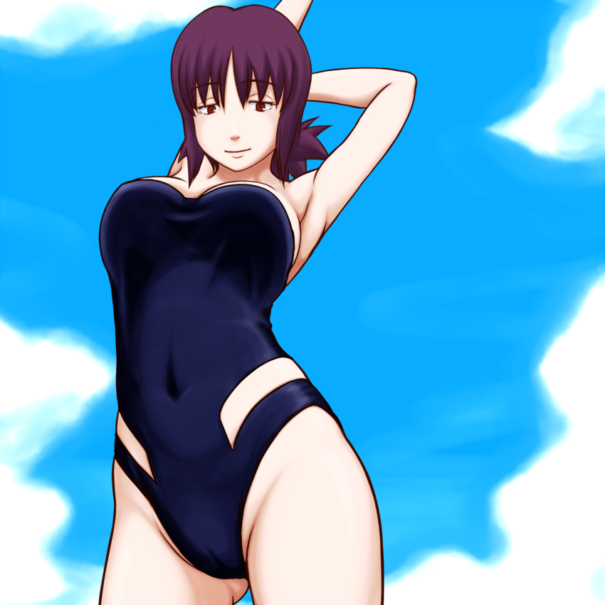 1girl :) alluring arm arm_behind_head arm_up armpits arms arms_behind_head arms_up bare_legs big_breasts black_swimsuit blue_sky breasts brown_eyes cameltoe closed_mouth clothed_navel cloud from_below half-closed_eyes high_res kamisuki legs leotard looking_at_viewer looking_down mound_of_venus nintendo one-piece_swimsuit pokemon pokemon_(anime) professor_ivy purple_hair short_hair sky smile standing strapless strapless_swimsuit swimsuit uchikido_(pokemon)