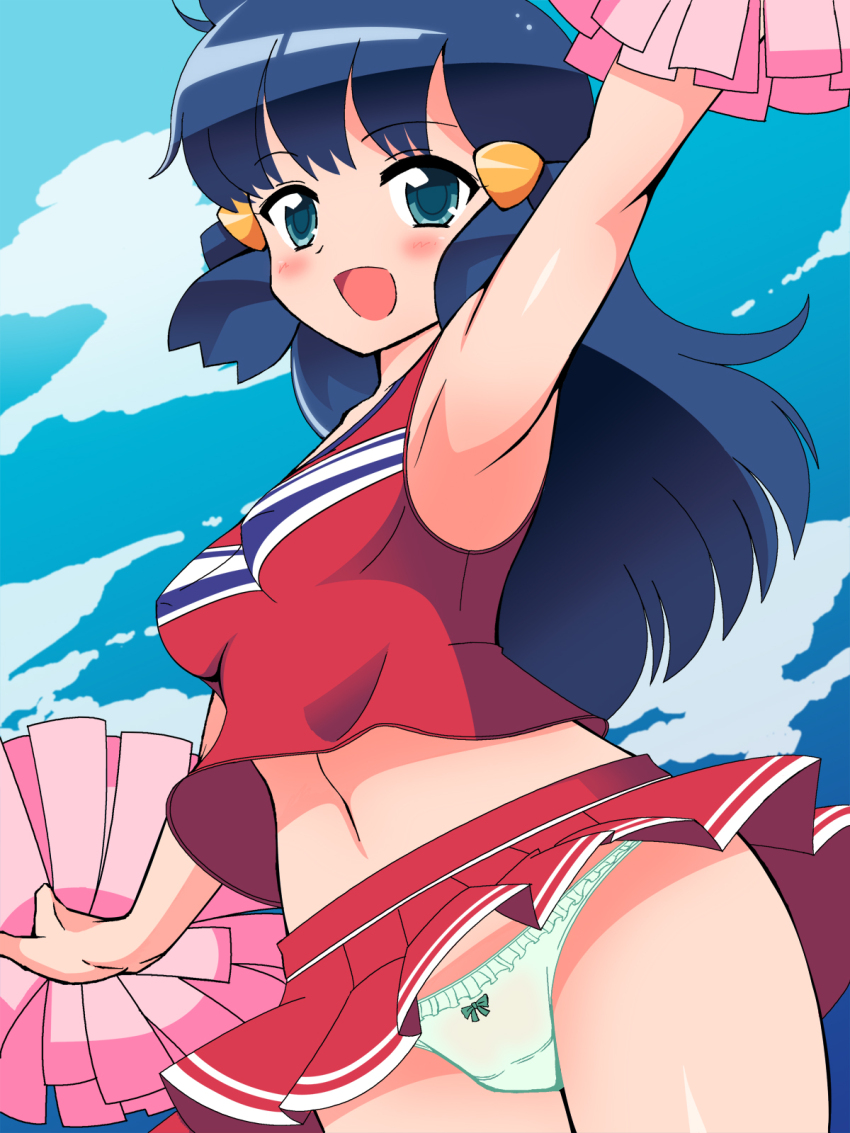 1girl armpits ass bare_arms bare_shoulders blue_eyes blue_hair blush breasts cheering cheerleader cheerleader_outfit cheerleader_uniform chro_(rulurullu) clothed clothing creatures_(company) dawn_(pokemon) duplicate female female_human female_only game_freak hair_ornament hairclip hat high_resolution hikari_(pokemon) human humans_of_pokemon long_blue_hair long_hair looking_at_viewer miniskirt navel nintendo panties pantsu pantyshot pokemon pokemon_(anime) pokemon_(game) pokemon_black_and_white pokemon_bw pokemon_character pokemon_diamond_pearl_&amp;_platinum pokemon_dppt pom_poms protagonist_(pokemon) short_hair short_skirt skirt sleeveless smile solo sportswear underwear uniform upskirt