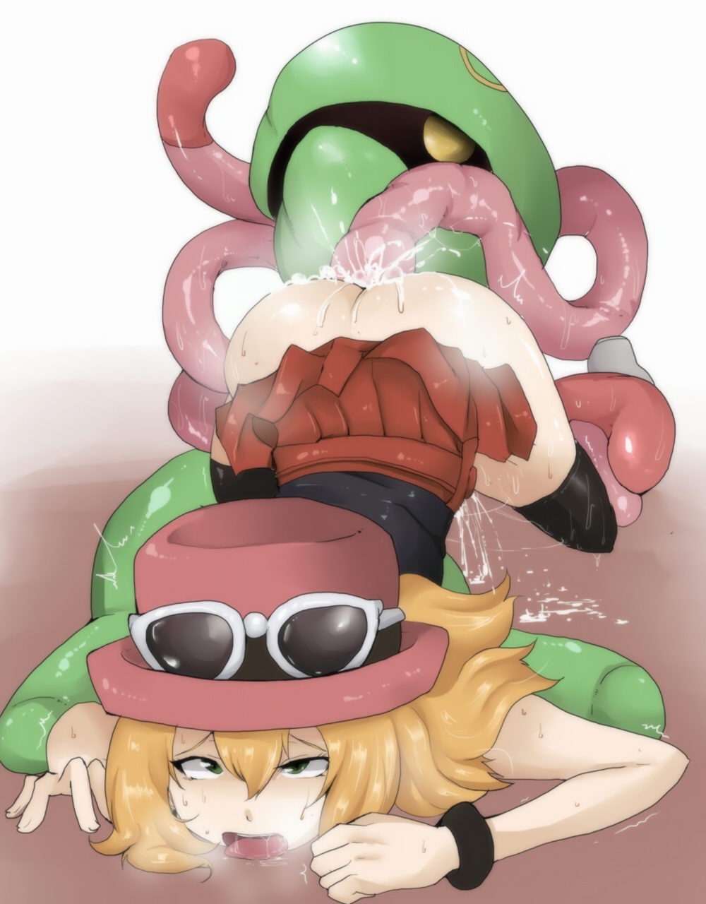 1girl 5_fingers ahegao anthro anthro_on_feral ass ass_up bent_over blonde_hair blush boy_(artist) boy_(badboy3316) clothed clothed_sex clothing cradily cum cum_inside cum_on_ass drooling eyelashes eyewear female feral flower glasses green_eyes hair half-dressed hat headgear hetero highres human interspecies long_hair looking_up lying male nintendo no_panties on_front penetration plain_background plant pokemon pokemon_(game) pokemon_xy pokephilia saliva serena serena_(pokemon) sex shadow shiny skirt skirt_lift sunglasses sweat teeth tentacle tentacles thighhighs video_games white_background wristband yellow_eyes