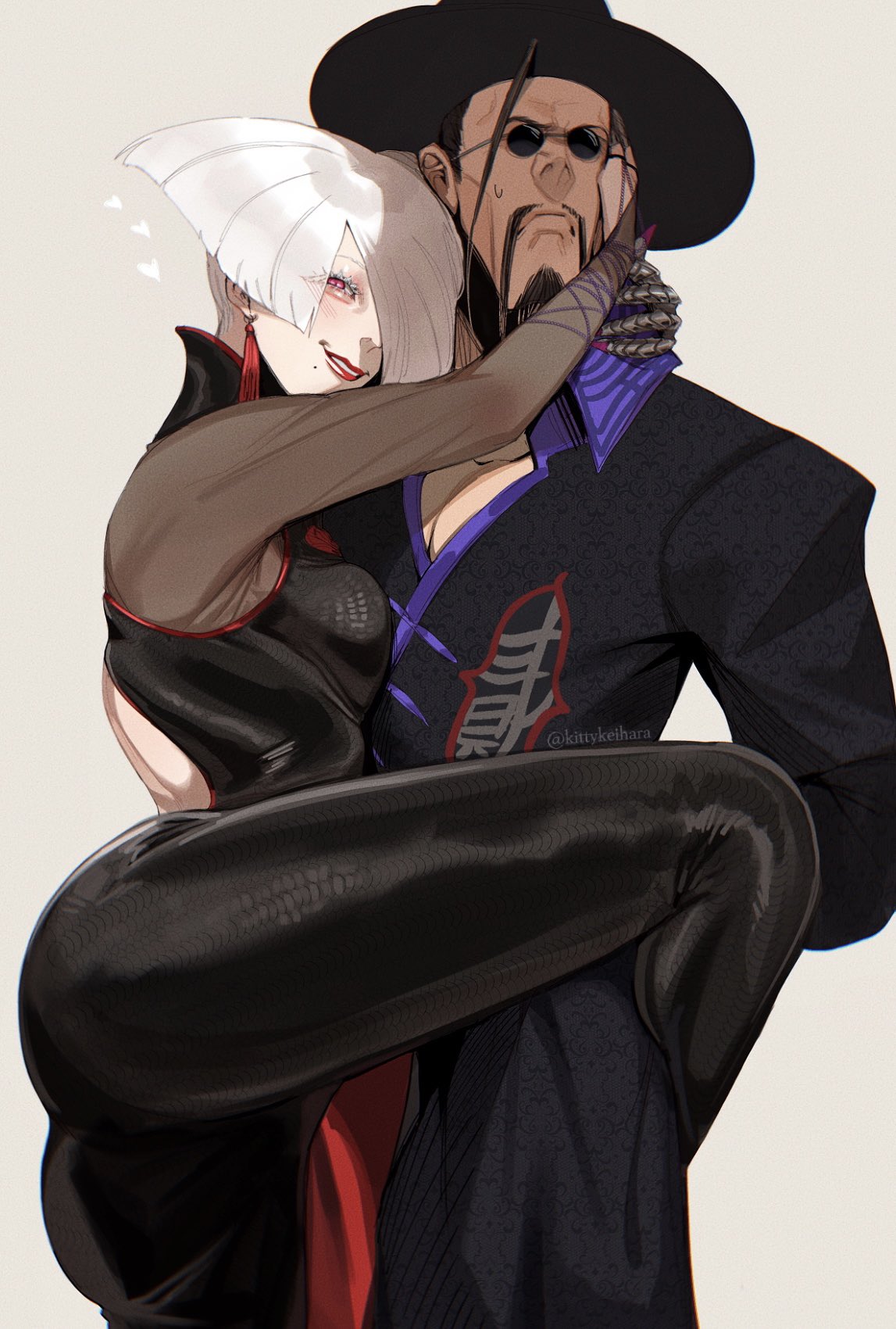 1boy 1girl a.k.i. a.k.i._(street_fighter) albino ass capcom clothed crazy crazy_eyes crazy_girl crazy_smile embrace f.a.n.g hugging kittykeihara legs red_eyes sfw standing street_fighter street_fighter_6 tight_clothing white_hair