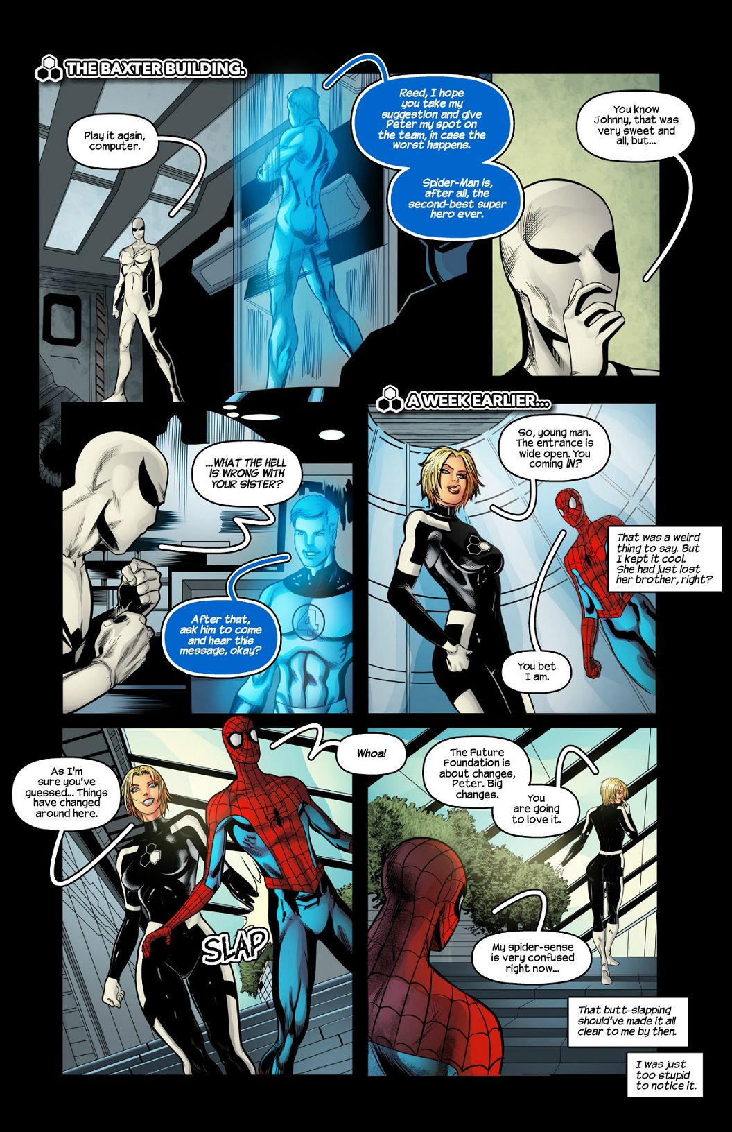 big_breasts breasts comic comic_book_character comic_book_milf fantastic_four fantastic_four_(future_foundation) future_foundation_spider-man invisible_woman invisible_woman_(future_foundation) male/female marvel marvel_comics mature mature_female milf peter_parker short_hair spider-man spider-man_(series) sue_storm tagme tracyscops