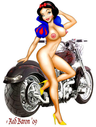 2009 big_breasts black_hair blue_eyes breasts disney dr1ace_(color) full_body hair high_heels legs lipstick motorcycle nipples nude posing princess_snow_white red_baron smile snow_white_and_the_seven_dwarfs white_background