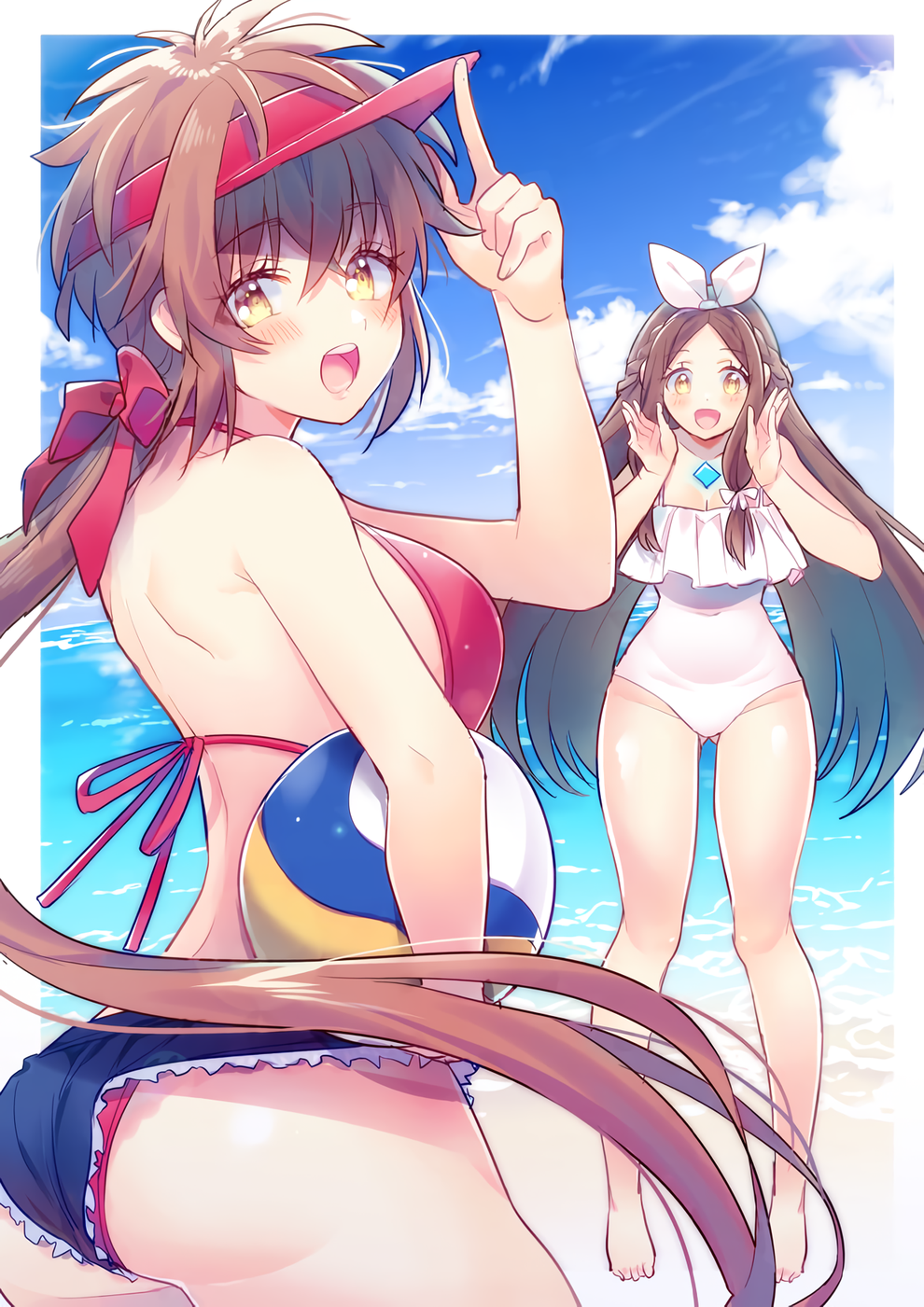 2_girls alluring ass beach bikini breasts day fan_la_norne himeno345 long_hair looking_at_viewer lora_(xenoblade) multiple_girls nintendo one-piece_swimsuit open_mouth parted_lips red_hair short_hair shorts smile swimsuit water xenoblade_(series) xenoblade_chronicles_2 xenoblade_chronicles_2:_torna_-_the_golden_country yellow_eyes