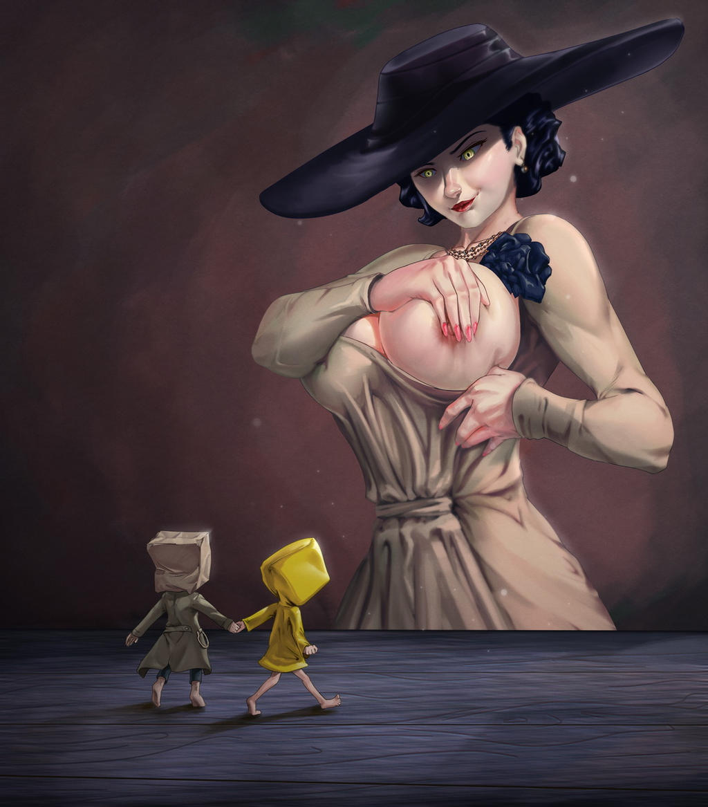 1girl alcina_dimitrescu bad_censor big_breasts big_hat breasts capcom censored cloak clothing covered_nipples covering crossover dr.korr faceless_male giantess huge_breasts little_nightmares little_nightmares_2 male mono_(little_nightmares_2) outerwear raincoat resident_evil resident_evil_8:_village seducing short_hair six_(little_nightmares) size_difference tall_female yellow_eyes