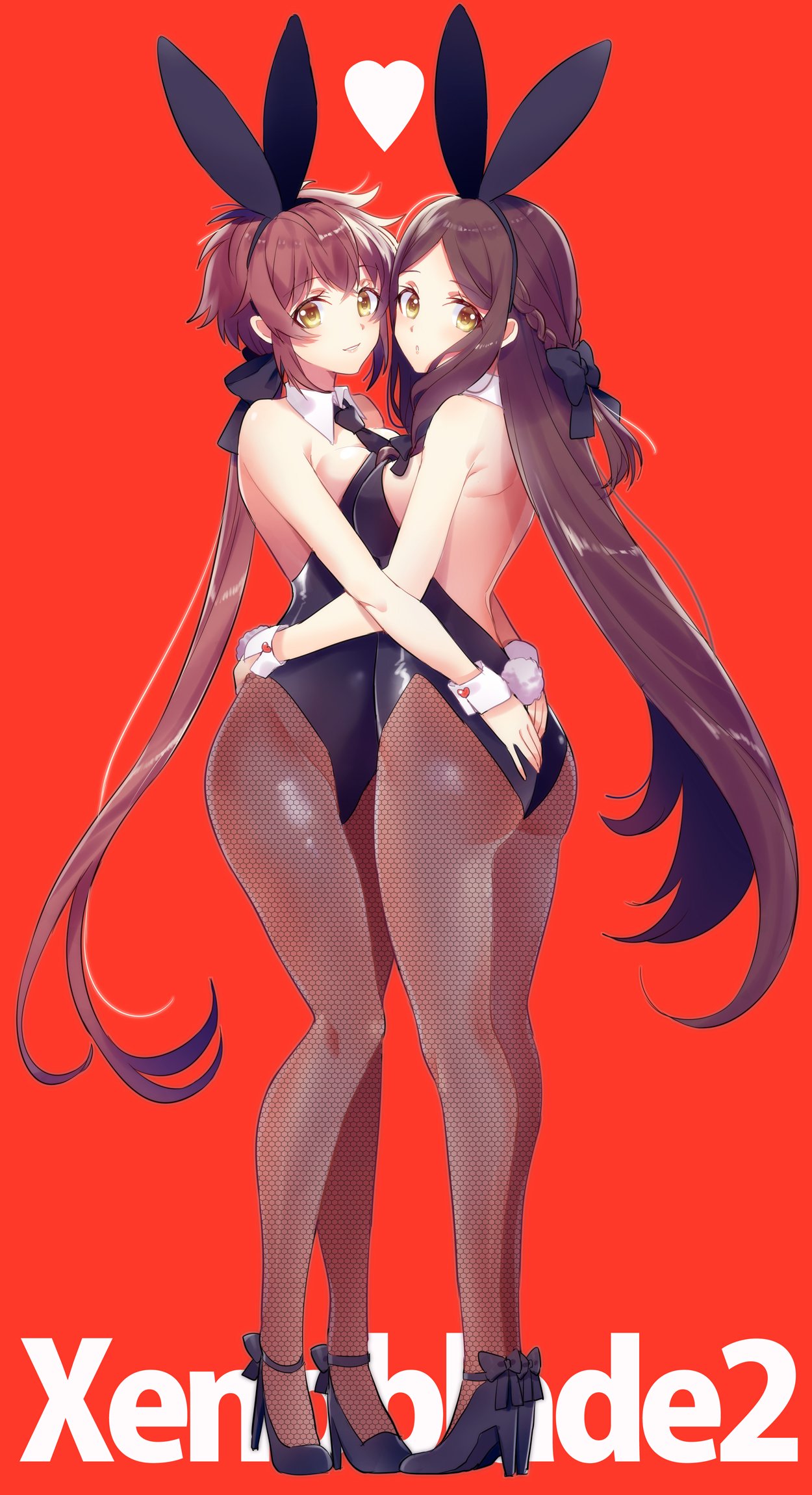2_girls :o alluring alternate_costume animal_ears ass ass_grab back backless_outfit bare_back black_bow black_footwear black_leotard black_neckwear blue_background blush bow braid breast_press breasts brown_hair brown_legwear buttons copyright_name couple detached_collar fake_animal_ears fan_la_norne female_focus fishnet_pantyhose fishnets french_braid from_side full_body gloves hair_bow heart heart_button high_heels high_res himeno345 hugging leotard long_hair looking_at_viewer looking_back lora_(xenoblade) medium_breasts multiple_girls neck_tie nintendo pantyhose parted_lips playboy_bunny ponytail protected_link rabbit_ears rabbit_tail red_background shoes short_hair sidelocks simple_background smile standing strapless strapless_leotard strappy_heels symmetrical_docking tail very_long_hair wrist_cuffs xenoblade_(series) xenoblade_chronicles_2 xenoblade_chronicles_2:_torna_-_the_golden_country yellow_eyes yuri