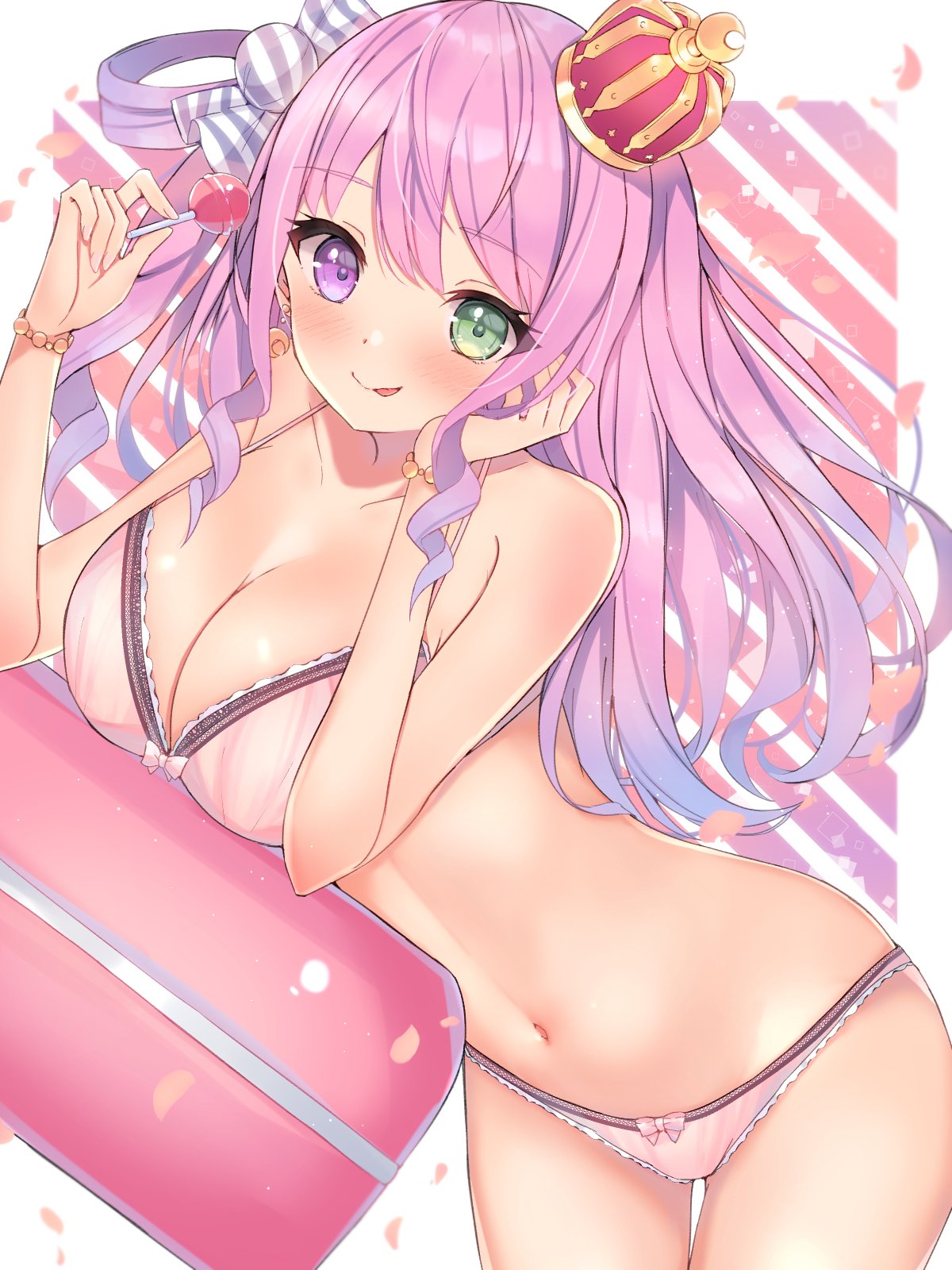 1girl 1girl :p big_breasts blush bra breasts candy candy_hair_ornament clavicle cleavage food food_themed_hair_ornament hair_ornament heterochromia high_resolution himemori_luna hololive lollipop long_hair looking_at_viewer mi_taro333 navel panties pink_hair tongue tongue_out underwear virtual_youtuber