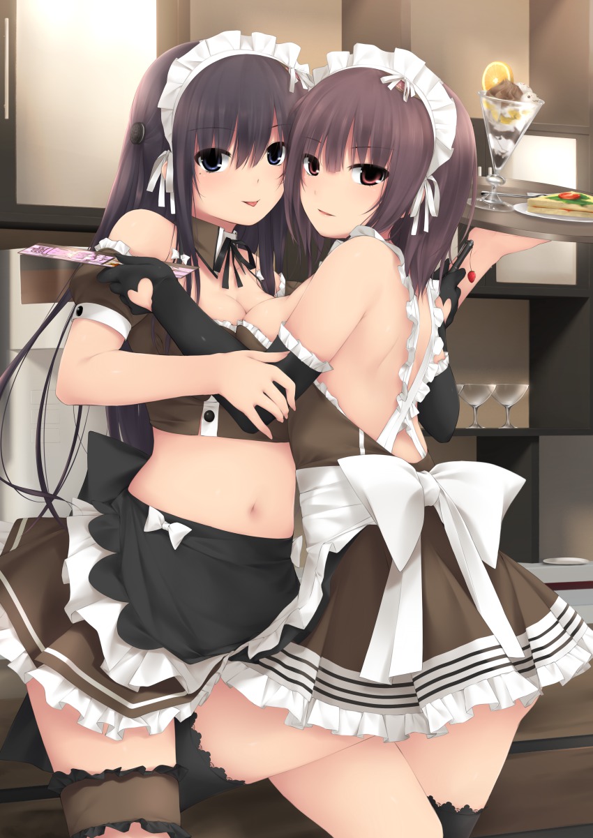 2girls absurd_res apron back bare_shoulders belly black_hair blue_eyes bow breast_press breasts brown_eyes cleavage drink elbow_gloves female female_only food garters gloves hair highres kopianget long_hair looking_at_viewer looking_back maid maid_apron maid_cafe maid_headdress menu midriff multiple_girls mutual_yuri navel original purple_hair red_eyes standing stockings symmetrical_docking tongue tongue_out yuri