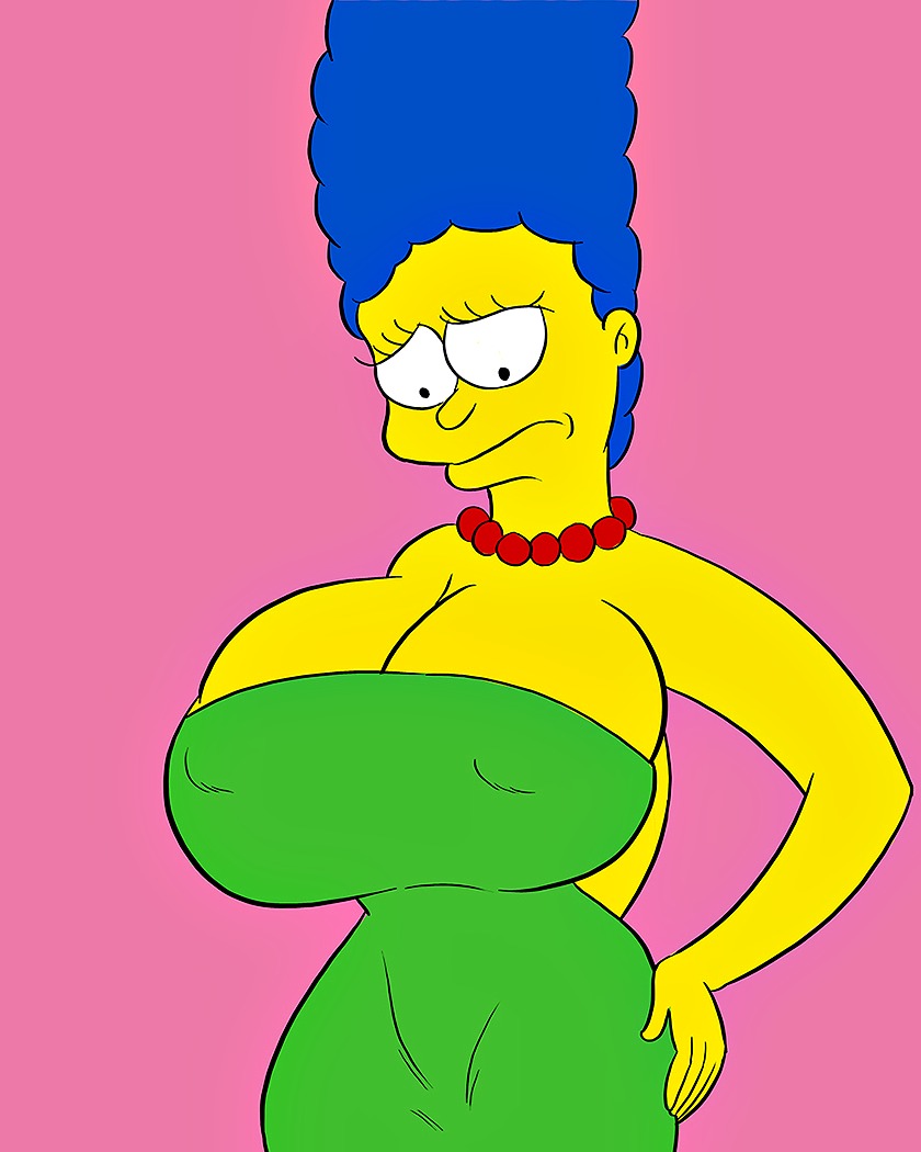 big_breasts blue_hair breasts cleavage collar erect_nipples_under_clothes glassfish huge_breasts marge_simpson pearls sad the_simpsons wide_hips yellow_skin
