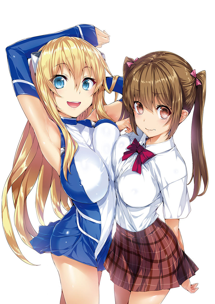 2_girls 2girls :d adjusting_hair arm_behind_back armpits arms_up asymmetrical_docking bangs bare_shoulders big_breasts blonde_hair blue_eyes blush bow bowtie breast_press breasts brown_hair detached_sleeves dress erect_nipples female female_only fingernails from_side gloves hair_between_eyes hair_ornament hair_ribbon halterneck hand_in_hair high_res hisashi_(nekoman) hisasi huge_breasts impossible_clothes impossible_dress long_fingernails long_hair looking_at_viewer miniskirt multiple_girls open_mouth plaid plaid_skirt red_eyes ribbon school_uniform shirt short_dress short_sleeves simple_background skirt sleeves_past_wrists smile standing twin_tails twintails union! very_long_hair wavy_mouth white_background yuri