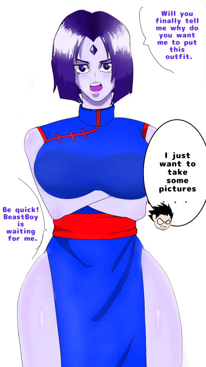 1boy 1girl big_breasts big_thighs breasts chichi chichi_(cosplay) confused cosplay crossover crossover_cosplay dick_grayson dragon_ball female_focus forehead_jewel large_thighs looking_at_viewer medium_hair pale-skinned_female pale_skin purple_eyes purple_hair qipao rachel_roth raven_(dc) robin sh3ar tagme teen_titans text text_bubble white_background wide_hips