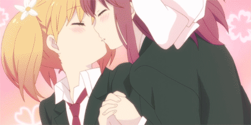 2_girls 2girls animated animated_gif female gif kiss kissing multiple_girls sakura_trick school_uniform screencap skirt sonoda_yuu takayama_haruka yuri