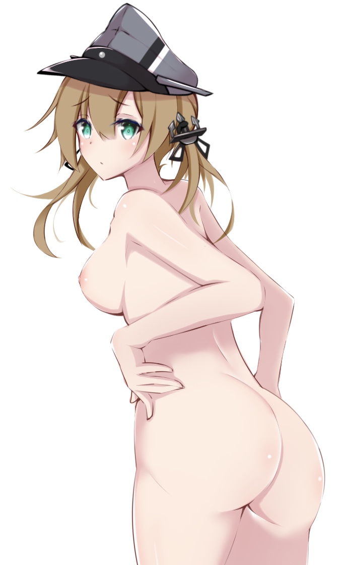 1girl 1girl anchor_hair_ornament ass blonde_hair breasts clothing completely_nude cowboy_shot eyebrows_visible_through_hair from_behind green_eyes hair_between_eyes hair_ornament hat headwear honma_(honmatomohiro) kantai_collection long_hair looking_at_viewer looking_back medium_breasts military_hat nipples nude posterior_cleavage prinz_eugen_(kantai_collection) sideboob simple_background speech_bubble tied_hair twin_tails white_background