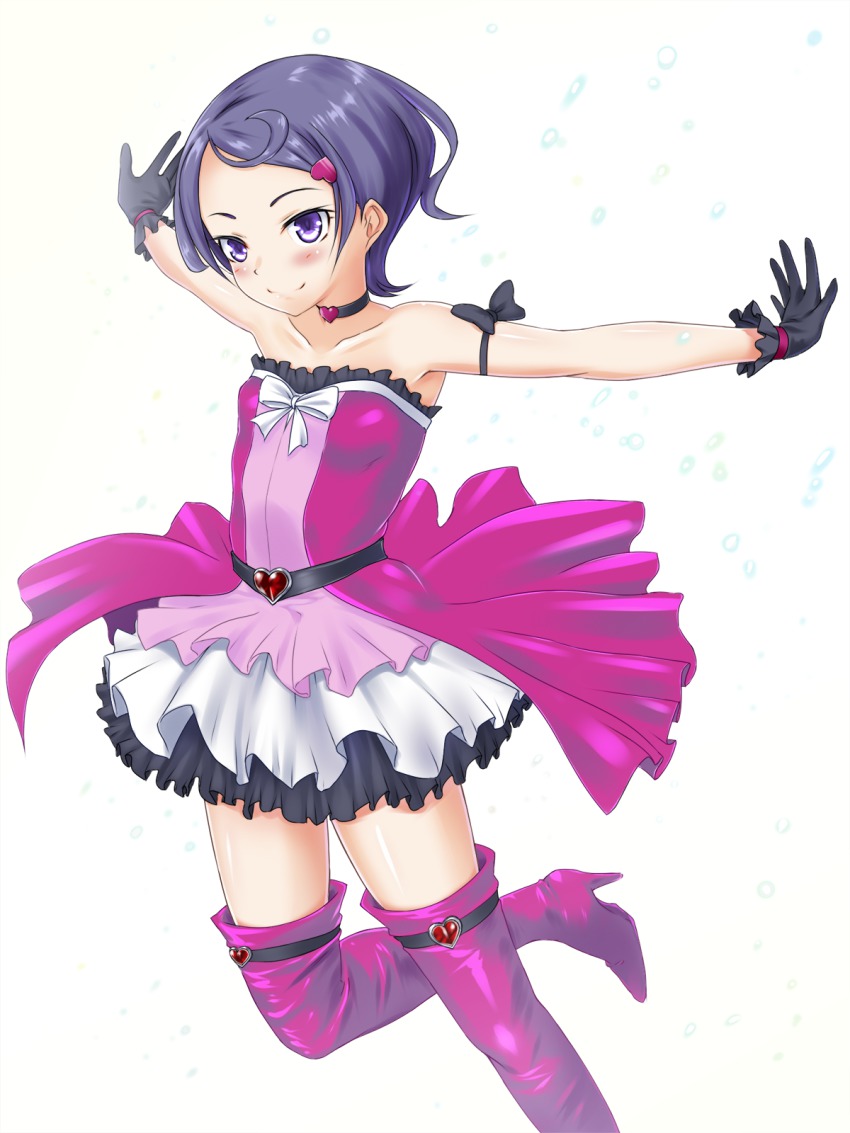 1girl arm arms art babe bare_shoulders belt blush boots choker collarbone dokidoki!_precure dress female gloves hair_ornament heart_hair_ornament high_res kenzaki_makoto legs looking_at_viewer necklace outstretched_arms pink_boots pink_dress precure purple_eyes purple_hair shirota_mizuki short_hair skirt smile solo spread_arms standing_on_one_leg stockings strapless strapless_dress thigh_high_boots zettai_ryouiki