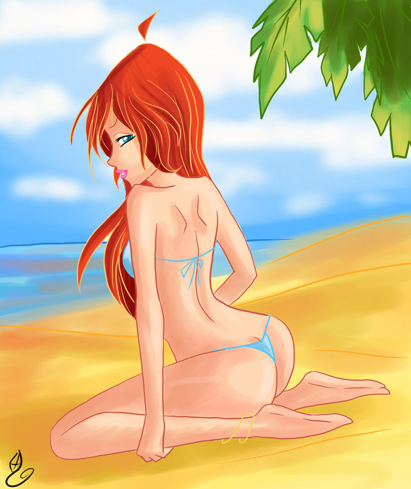 aqua_eyes ass ass_crack beach bikini bloom lipstick long_hair looking_back ocean orange_hair red_hair solo string_bikini winx_club