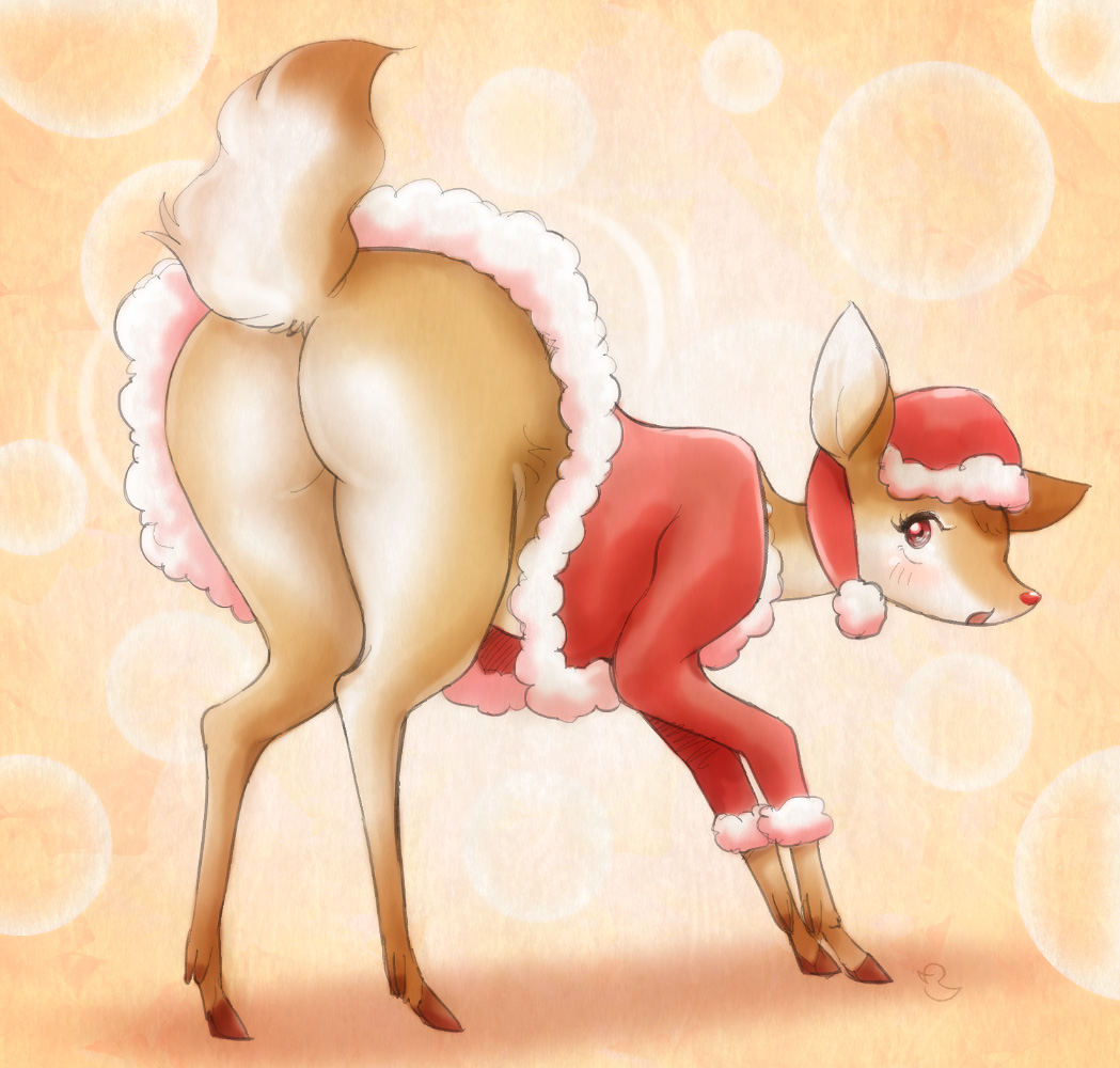 ahiru8 ass blush deer female furry hooves melonleaf no_humans original presenting_hindquarters red_eyes santa_costume tail