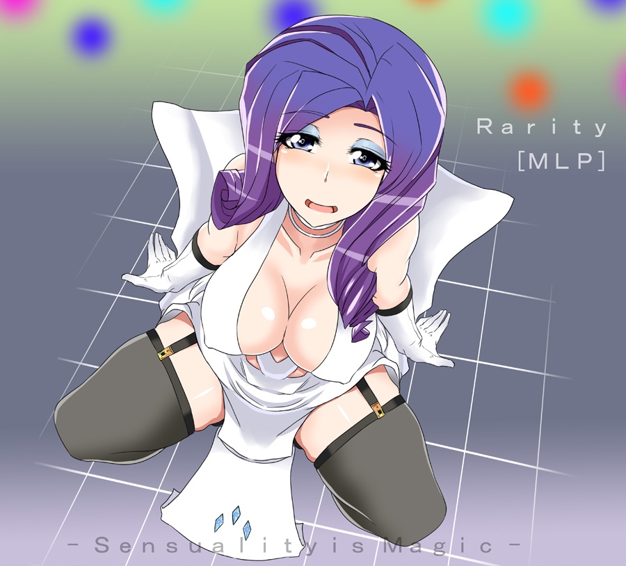 1girl black_legwear blue_eyes blush breasts character_name cleavage copyright_name covered_nipples crimsonhysteria curly_hair diamond dress english erect_nipples friendship_is_magic garter_belt gloves humanized kneeling looking_at_viewer makeup my_little_pony nightmare-doom nightmaredoom_(artist) open_mouth purple_hair rarity solo source_request text thighhighs white_dress