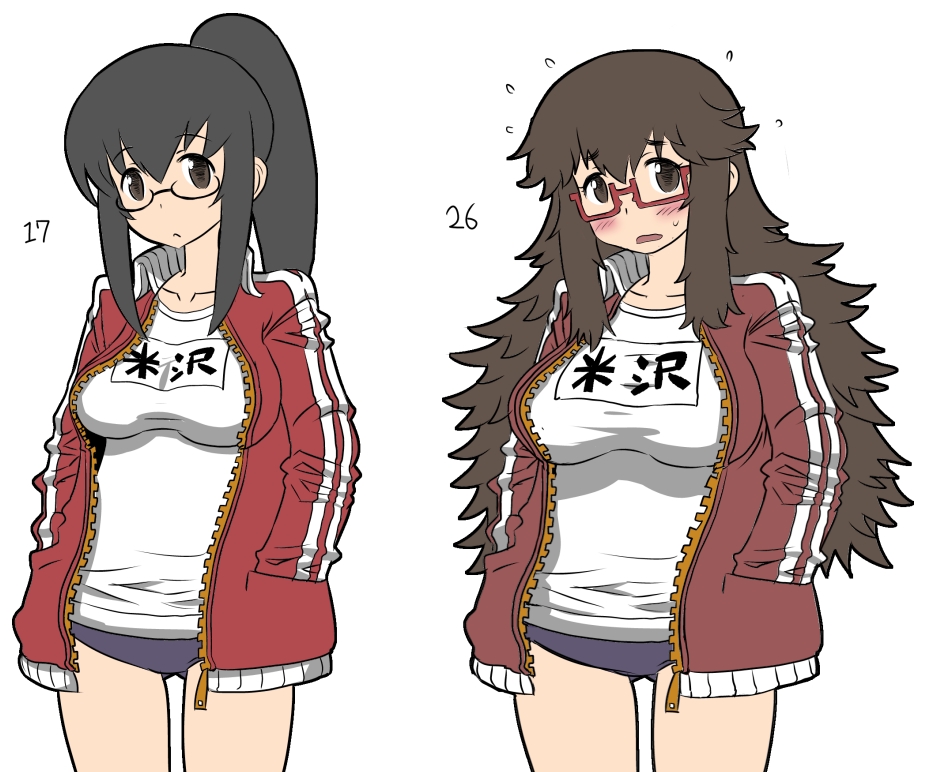 1girl age_progression alternate_hairstyle before_and_after black_hair blush breasts brown_eyes brown_hair buruma glasses gym_uniform hands_in_pockets huge_breasts large_breasts long_hair matsuda_yuusuke messy_hair original plump ponytail red-framed_glasses semi-rimless_glasses solo sweatdrop teenage track_jacket under-rim_glasses unzipped weight_gain yonezawa_natsumi yuusha_to_maou