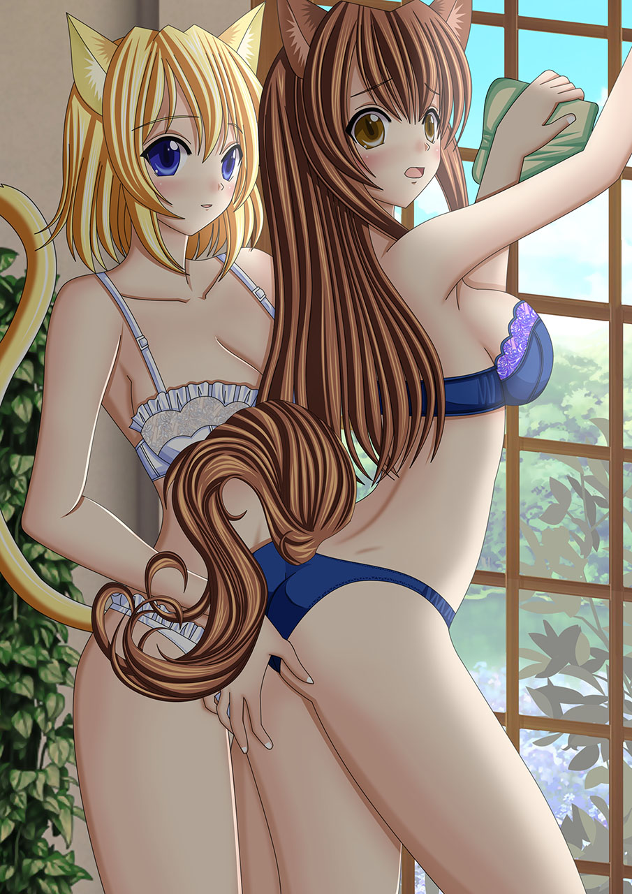 2girls animal_ears arms artemisumi ass bare_legs bare_shoulders big_breasts blonde_hair blue_eyes blush bra breasts brown_eyes brown_hair cat_ears cat_girl cat_tail collarbone female high_res highres large_breasts legs lingerie long_hair midriff multiple_girls neck open_mouth panties short_hair slit_pupils smile standing tail yuri