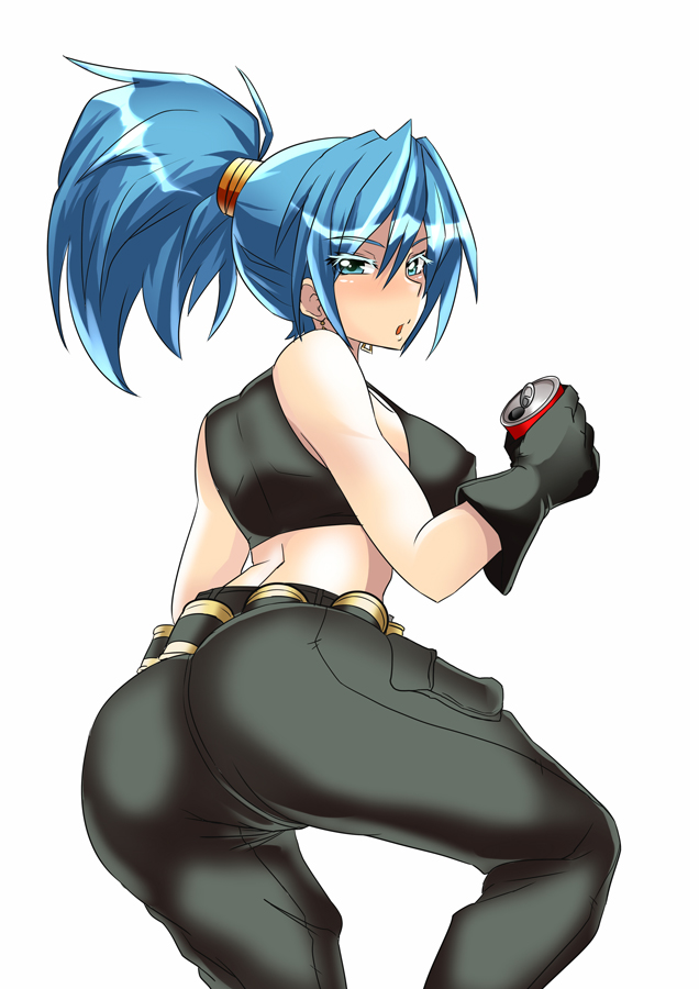 1girl ass back belt black_gloves blue_eyes blue_hair blush breasts crop_top earrings explosive from_behind gloves grenade jewelry king_of_fighters large_breasts leona_heidern long_hair looking_back nightmare-doom nightmaredoom_(artist) open_mouth pants ponytail soda_can solo strap_gap tank_top the_king_of_fighters