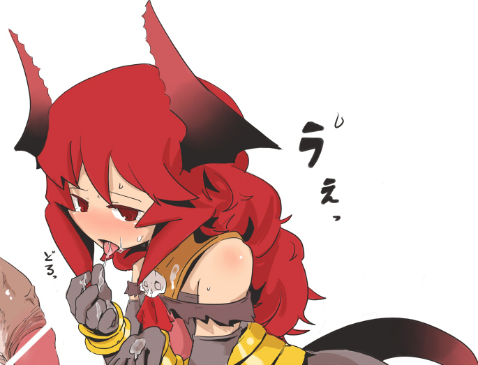 1girl age_regression bare_shoulders black_gloves blush borrowed_character bracelet censored cum cum_in_mouth cum_string demon_girl demon_tail disembodied_penis elbow_gloves flaccid gloves henoeno horns jewelry kanenaga long_hair magic_penis maou_beluzel open_mouth original penis red_eyes red_hair skull solo solo_focus tail tears tongue tongue_out veins veiny_penis young younger