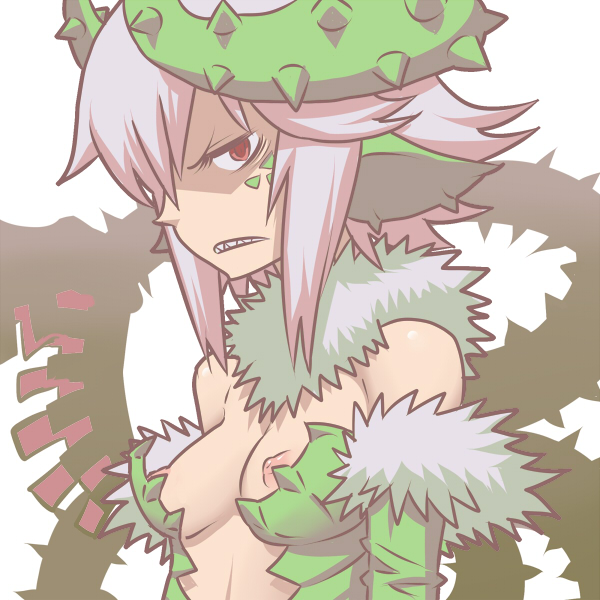 1girl bare_shoulders breasts bridal_gauntlets bust center_opening fur_collar fur_trim hair_over_one_eye looking_at_viewer matsuda_yuusuke nipples nise_maou_dokuzeru original oversized_breast_cup pink_hair plant plant_girl red_eyes sharp_teeth short_hair small_breasts solo tsurime upper_body venus_flytrap yuusha_to_maou