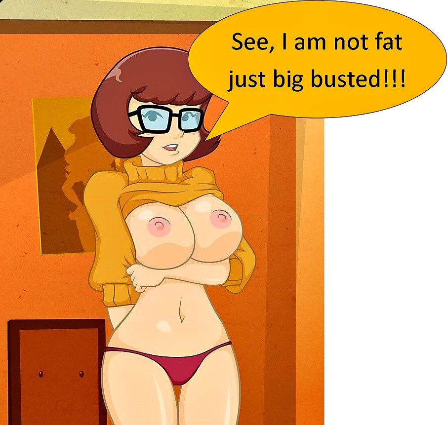 arm_under_breasts dialogue huge_breasts looking_at_viewer mr._j mystery_inc red_panties scooby-doo shirt_lift sweater_lift thigh_gap velma_dinkley