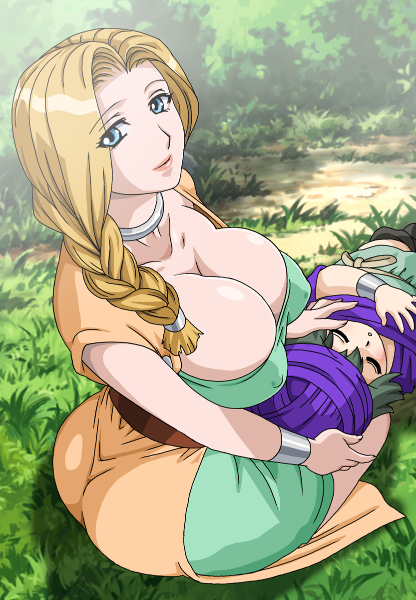 1boy 1girl age_difference bianca_(dragon_quest) bianca_whitaker big_breasts blonde_hair blue_eyes braided_hair breasts cleavage dragon_quest dragon_quest_v forest gaden hair_over_shoulder head_on_lap highres huge_breasts large_breasts long_hair looking_back milf nature no_bra not_porn outdoors sex single_braid sitting size_difference smile square_enix